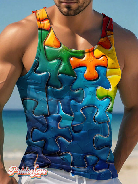 Men’s LGBT Gay Pride Rainbow Puzzle Art Tank Top Multicolor / S
