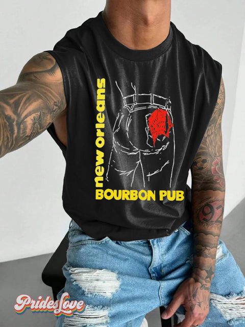 Men’s LGBT Gay Pride Remake Bourbon Pub New Orleans Print Wide Shoulder Vest Black / S