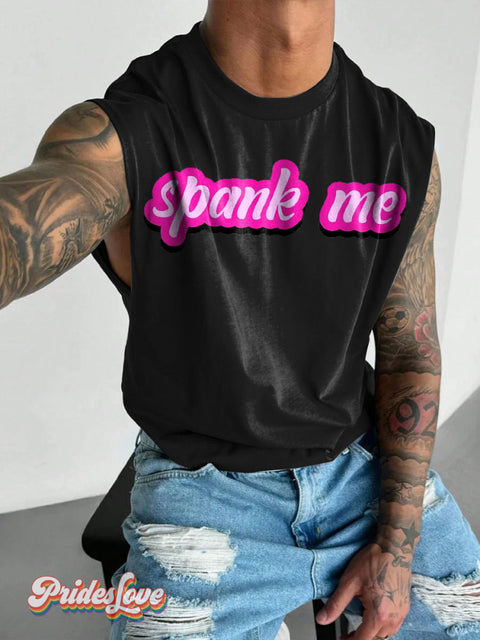 Men’s LGBT Gay Pride Spank Me Print Wide Shoulder Vest Black / S