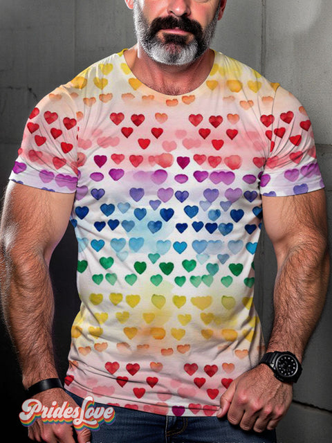 Men’s LGBT Gay Pride Watercolor Heart Rainbow Gradient Art Casual Print T-Shirt