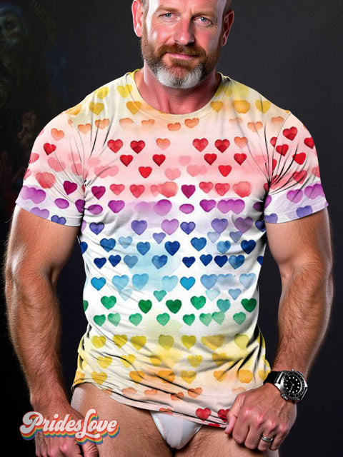 Men’s LGBT Gay Pride Watercolor Heart Rainbow Gradient Art Casual Print T-Shirt Multicolor / S
