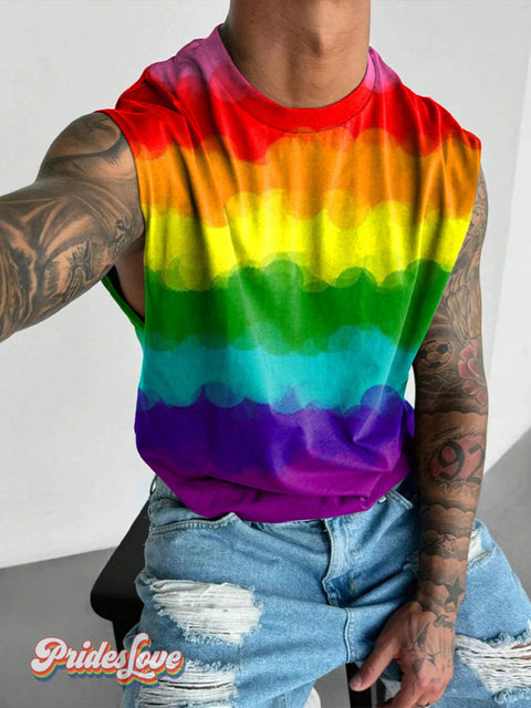 Men’s LGBT Gay Rainbow Gradient Art Wide Shoulder Vest Multicolor / S