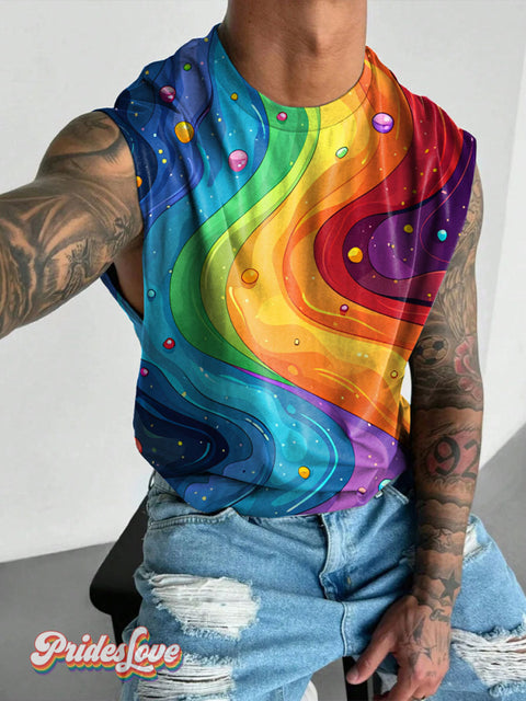 Men’s LGBT Gay Rainbow Gradient Art Wide Shoulder Vest Multicolor / S