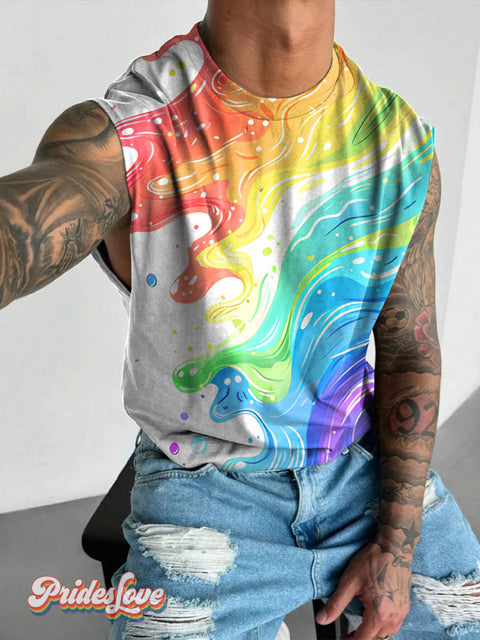 Men’s LGBT Gay Rainbow Gradient Art Wide Shoulder Vest Multicolor / S
