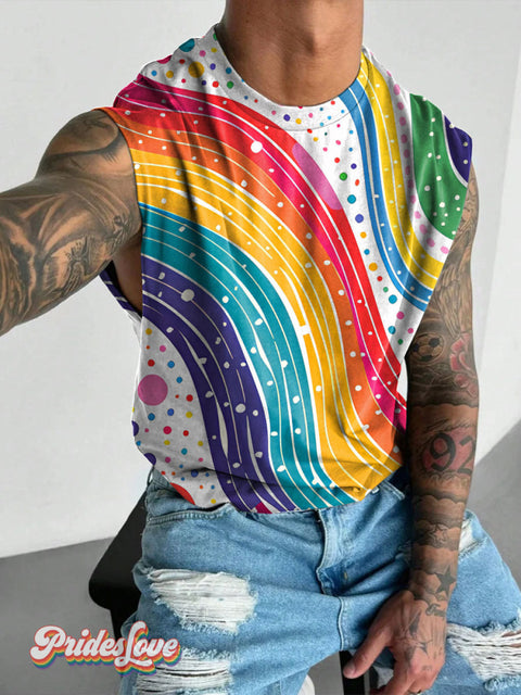Men’s LGBT Gay Rainbow Gradient Art Wide Shoulder Vest Multicolor / S