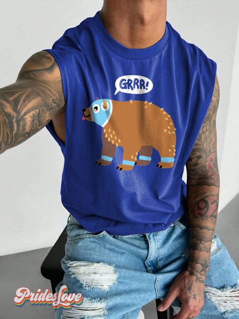 Men’s LGBT GRRR Bear Casual Print Wide Shoulder Vest Blue / S