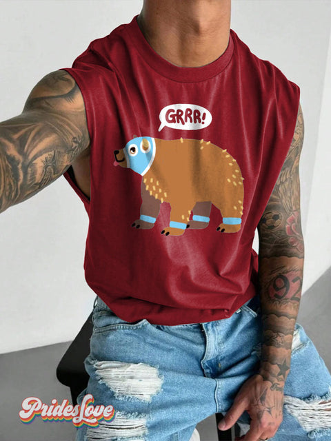 Men’s LGBT GRRR Bear Casual Print Wide Shoulder Vest Maroon / S