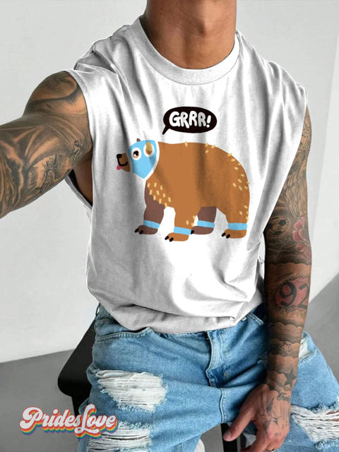 Men’s LGBT GRRR Bear Casual Print Wide Shoulder Vest White / S