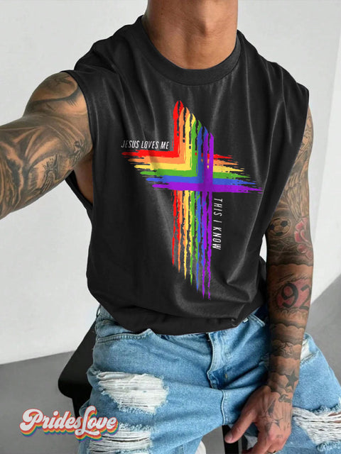 Men’s Lgbt Jesus Loves Me Rainbow Cross Casual Print Wide Shoulder Vest Black / S
