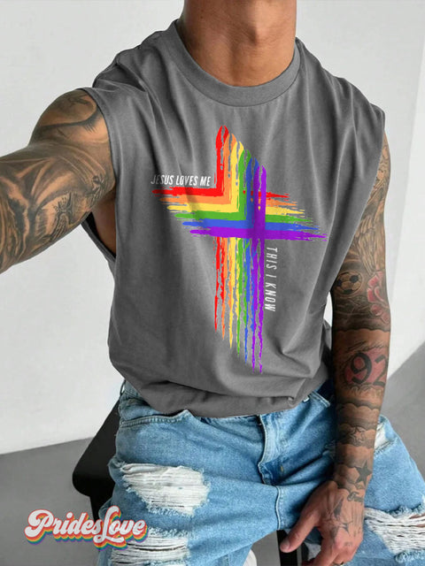 Men’s Lgbt Jesus Loves Me Rainbow Cross Casual Print Wide Shoulder Vest Grey / S