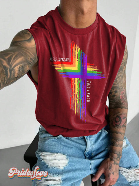Men’s Lgbt Jesus Loves Me Rainbow Cross Casual Print Wide Shoulder Vest Maroon / S