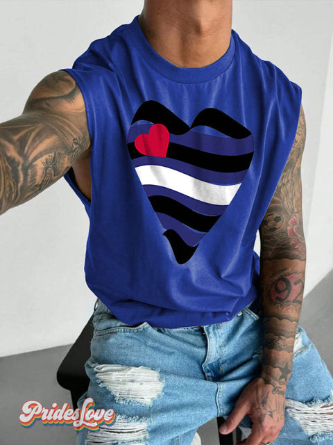 Men’s LGBT Leather Heart Print Wide Shoulder Vest Blue / S