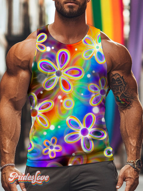 Men’s LGBT Pride Gay Colorful Rainbow Flower Art Print Tank Top Multicolor / S