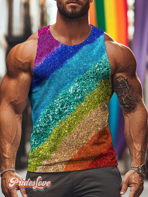 Men’s LGBT Pride Gay Colorful Rainbow Glitter Art Print Tank Top Multicolor / S
