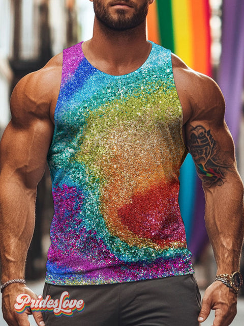 Men’s LGBT Pride Gay Colorful Rainbow Glitter Art Print Tank Top Multicolor / S