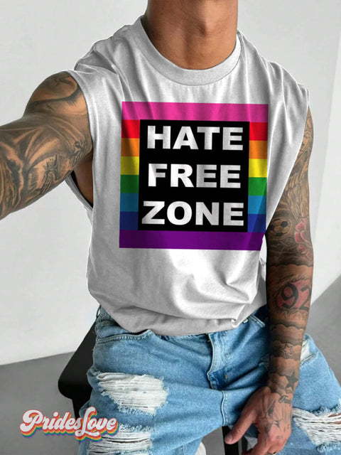 Men’s Lgbt Pride Gay Hate Free Zone Art Print Wide Shoulder Vest White / S