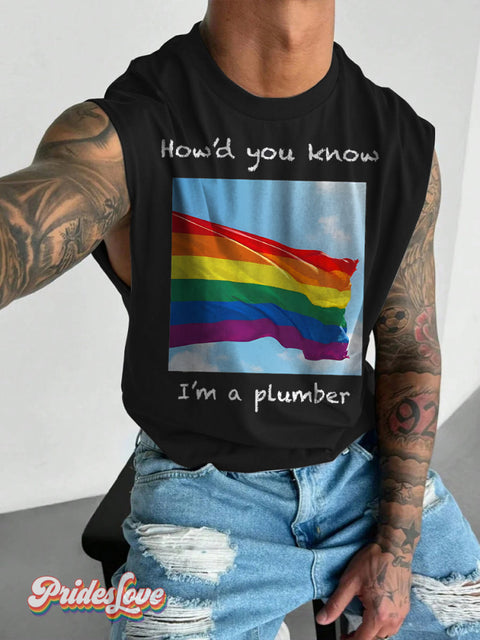 Men’s Lgbt Pride Gay How’d You Know I’m A Plumber Print Wide Shoulder Vest Black / S
