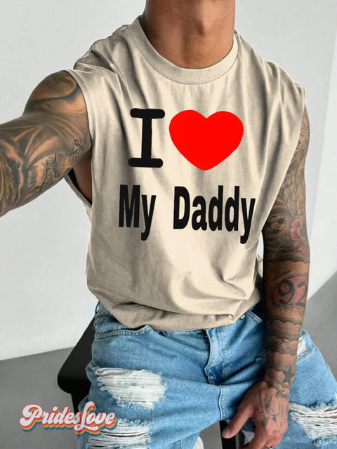 Men’s LGBT Pride I Love My Daddy Print Wide Shoulder Vest Beige / S