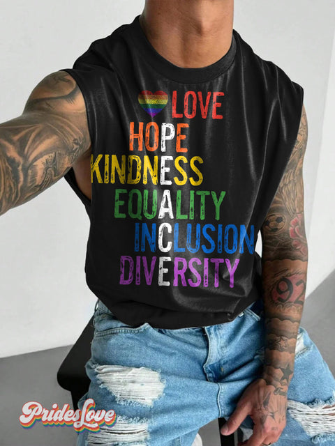 Men’s LGBT Pride Love Hope Kindness Equality Inclusion Diversity Peace Print Wide Shoulder Vest Multicolor / S