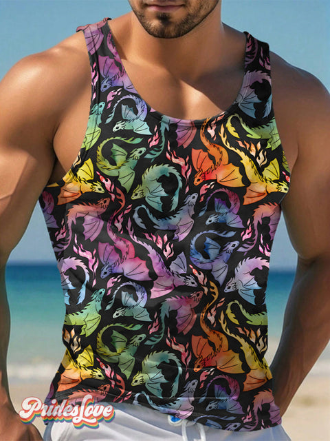 Men’s LGBT Pride Rainbow Dragon Art Print Tank Top Multicolor / S