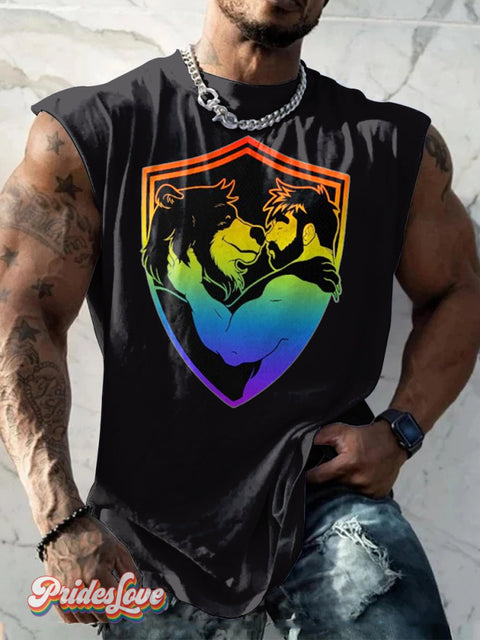 Men’s LGBT Proud Rainbow Bear Print Wide Shoulder Vest Multicolor / S