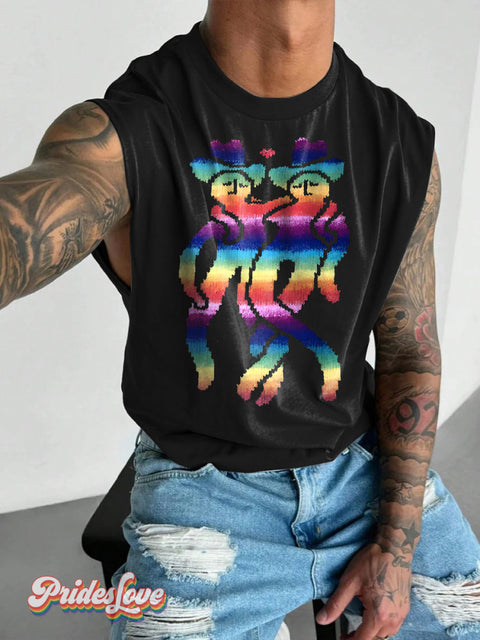Men’s LGBT Rainbow Cowgay Maybe This Town is Big Enough Print Wide Shoulder Vest Multicolor / S