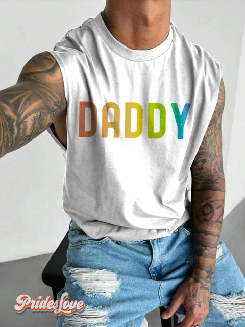 Men’s LGBT Rainbow Daddy Print Wide Shoulder Vest White / S