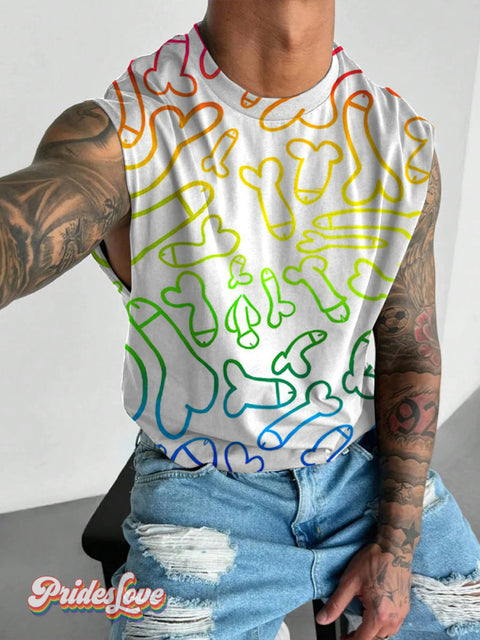 Men’s Lgbt Rainbow Dick Gay Pride Art Print Wide Shoulder Vest Multicolor / S