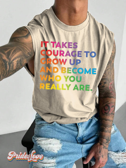 Men’s LGBT Rainbow Encouragement Print Wide Shoulder Vest Beige / S