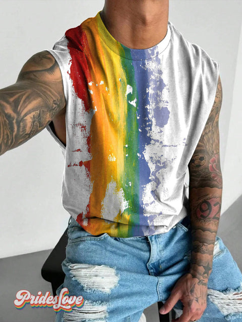 Men’s LGBT Rainbow Falls Pride Flag Colors Casual Print Wide Shoulder Vest White / S