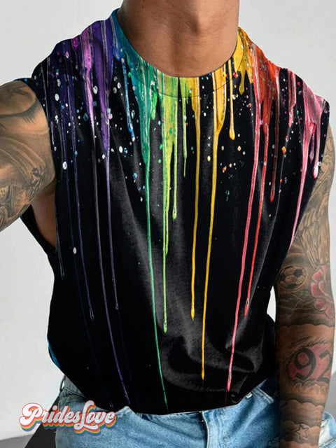 Men’s Lgbt Rainbow Flow Painting Casual Print Wide Shoulder Vest