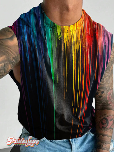 Men’s Lgbt Rainbow Flow Painting Casual Print Wide Shoulder Vest