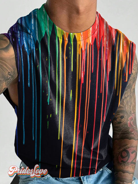 Men’s Lgbt Rainbow Flow Painting Casual Print Wide Shoulder Vest