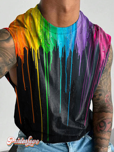Men’s Lgbt Rainbow Flow Painting Casual Print Wide Shoulder Vest