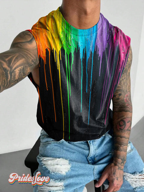 Men’s Lgbt Rainbow Flow Painting Casual Print Wide Shoulder Vest Multicolor / S