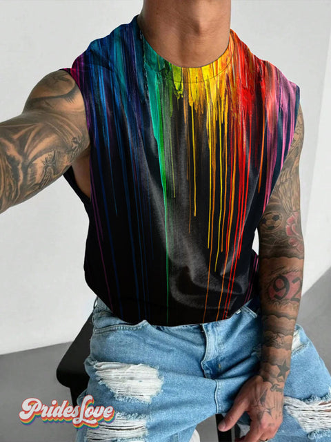 Men’s Lgbt Rainbow Flow Painting Casual Print Wide Shoulder Vest Multicolor / S