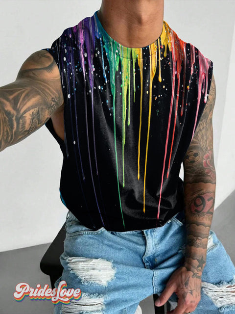 Men’s Lgbt Rainbow Flow Painting Casual Print Wide Shoulder Vest Multicolor / S