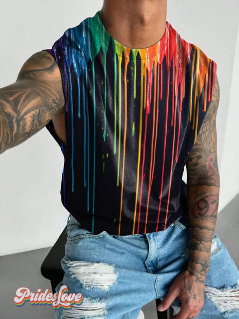 Men’s Lgbt Rainbow Flow Painting Casual Print Wide Shoulder Vest Multicolor / S