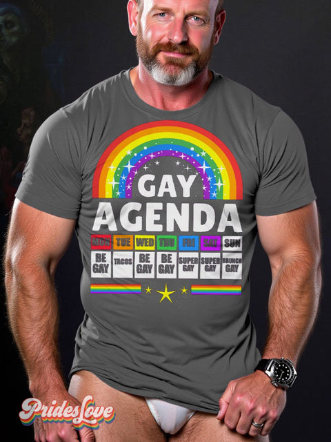 Men’s Lgbt Rainbow Gay Agenda Pride Flag Casual Print T-Shirt Grey / S