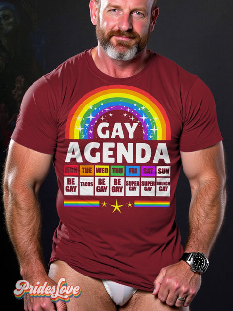 Men’s Lgbt Rainbow Gay Agenda Pride Flag Casual Print T-Shirt Maroon / S