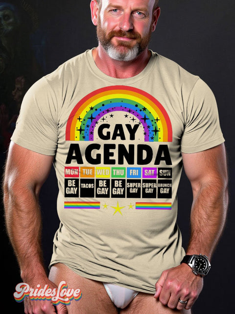 Men’s Lgbt Rainbow Gay Agenda Pride Flag Casual Print T-Shirt Sand / S