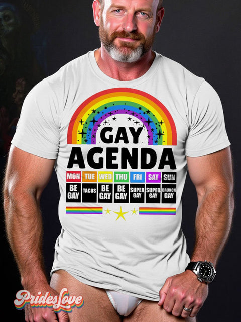 Men’s Lgbt Rainbow Gay Agenda Pride Flag Casual Print T-Shirt White / S