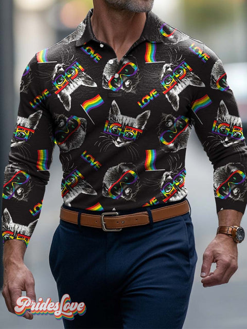 Men’s Lgbt Rainbow Love Cat Dog Gay Art Print Buttons Long Sleeve Polo Colorful / S