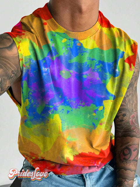 Men’s Lgbt Rainbow Painting Casual Print Wide Shoulder Vest