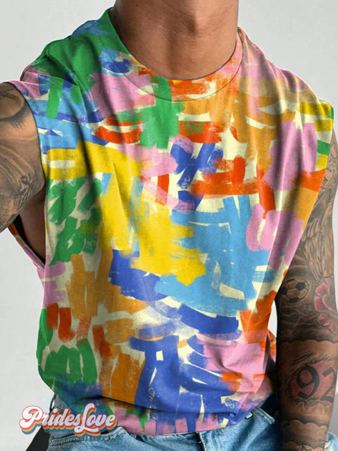 Men’s Lgbt Rainbow Painting Casual Print Wide Shoulder Vest