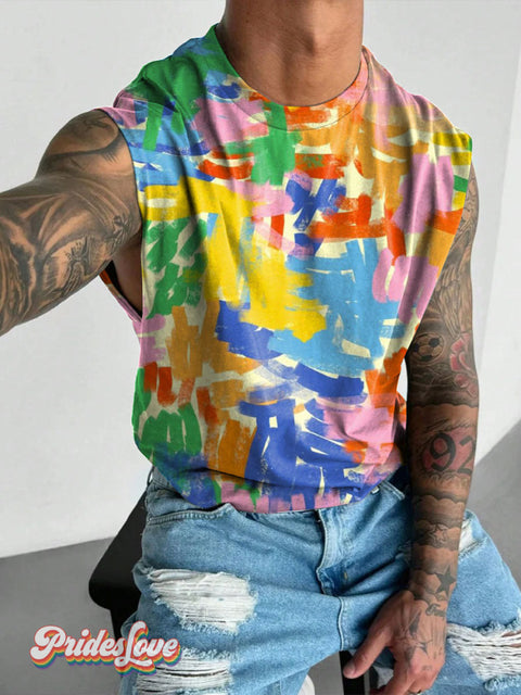 Men’s Lgbt Rainbow Painting Casual Print Wide Shoulder Vest Multicolor / S