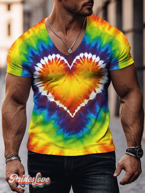 Men’s Lgbt Rainbow Tie-Dye Hearts Print V-Neck T-Shirt Multicolor / S