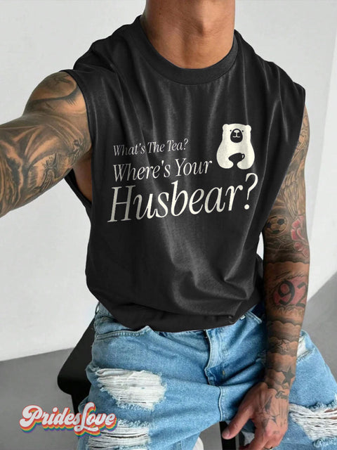 Men’s LGBT What’s The Tea? Where’s You Husbear? Gay Bear Pride Casual Print Wide Shoulder Vest Black / S