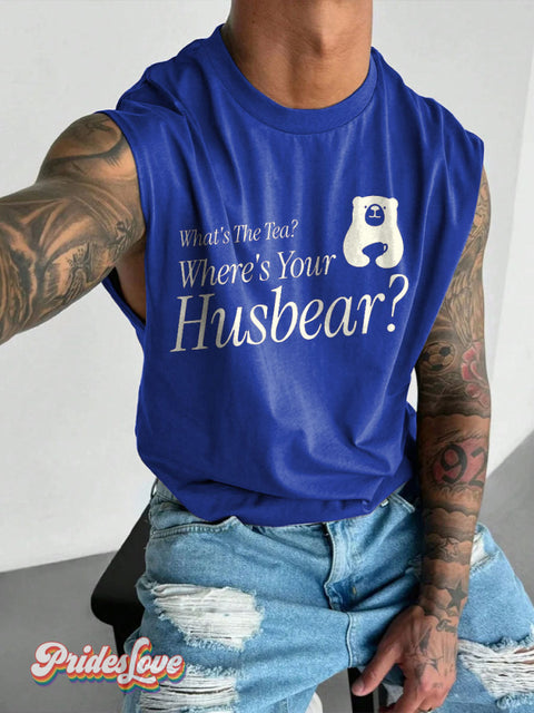 Men’s LGBT What’s The Tea? Where’s You Husbear? Gay Bear Pride Casual Print Wide Shoulder Vest Blue / S