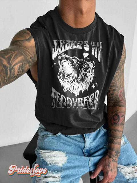 Men’s LGBT Where’s My Teddybear Casual Print Wide Shoulder Vest Black / S